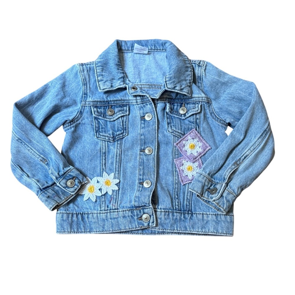 Wonder Nation Denim Jacket Girls Blue Floral Crochet Boho Patch SIZE 4T